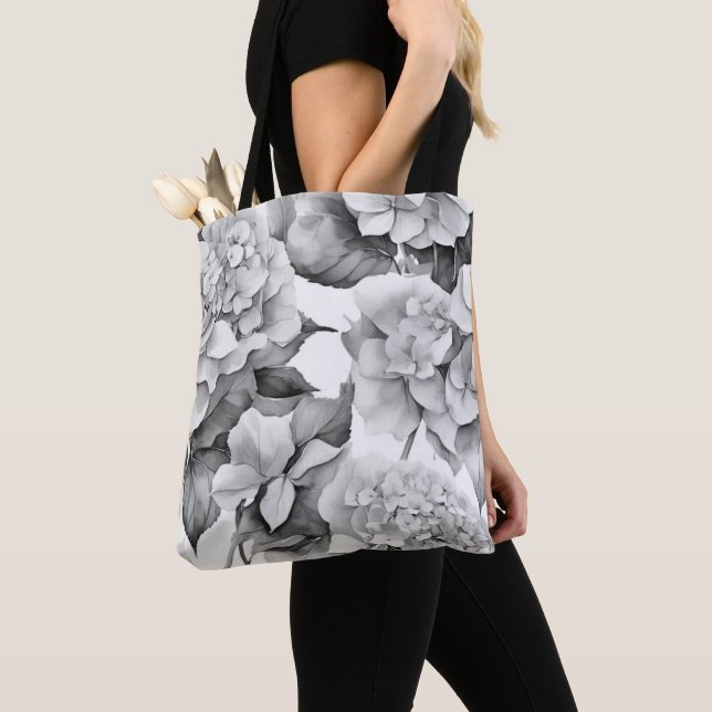 Elegant white gray black floral watercolor  tote bag (Close Up)