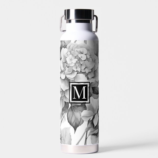 Elegant white gray black floral watercolor  water bottle (Front)