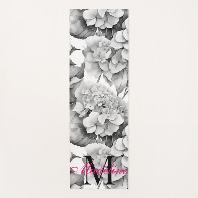 Elegant white gray black floral watercolor  yoga mat (Front)