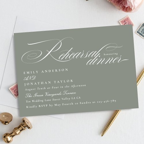 Elegant White Gray Calligraphy Rehearsal Dinner Enclosure Card