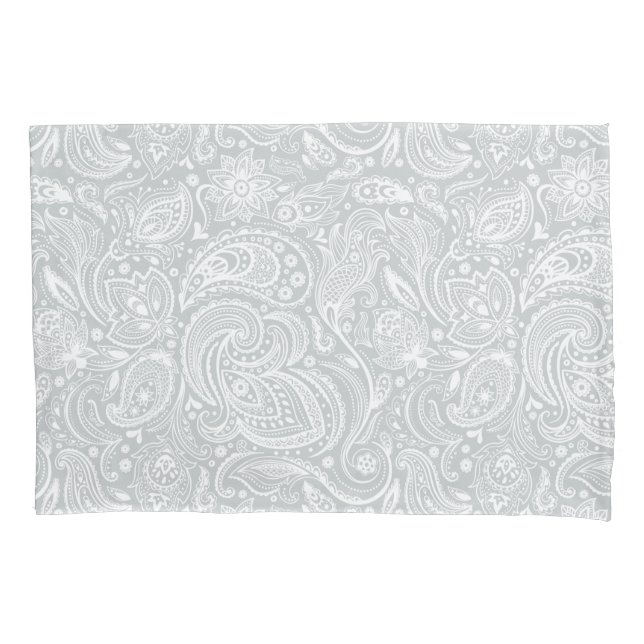 Elegant White & Gray Floral Paisley Pattern Pillow Case (Front)