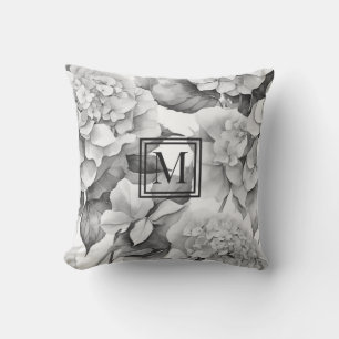 Elegant white gray floral watercolor monogram outdoor pillow