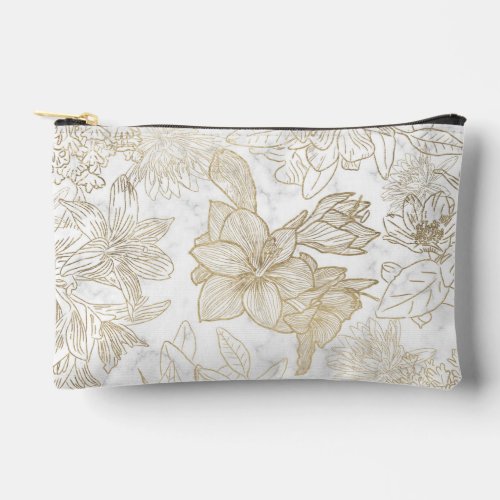 Elegant white gray gold marble floral  accessory pouch
