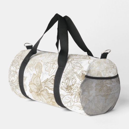 Elegant white gray gold marble floral  duffle bag
