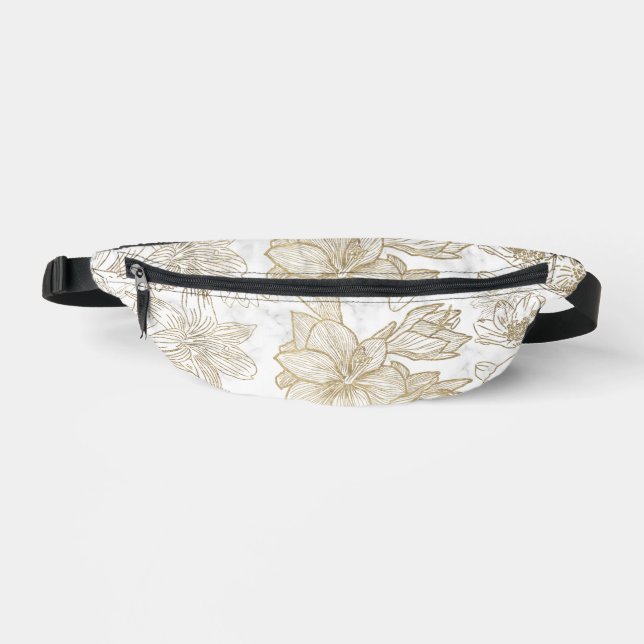 Elegant  white gray gold marble floral Fanny Packs (Front)