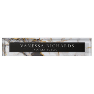Elegant White Gray Gold Marble Notary Black Desk Name Plate