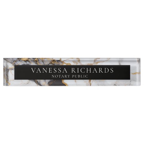 Elegant White Gray Gold Marble Notary Black  Desk Name Plate