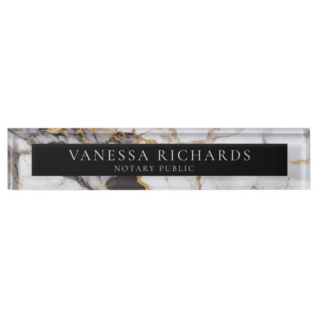Elegant White Gray Gold Marble Notary Black  Desk Name Plate (Front)