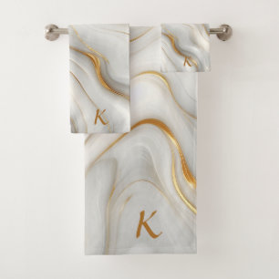 Elegant White Gray & Gold Marble Swirl  Initial Bath Towel Set