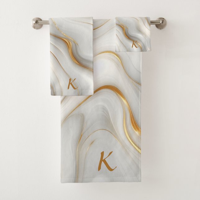 Elegant White Gray & Gold Marble Swirl  Initial Bath Towel Set (Insitu)