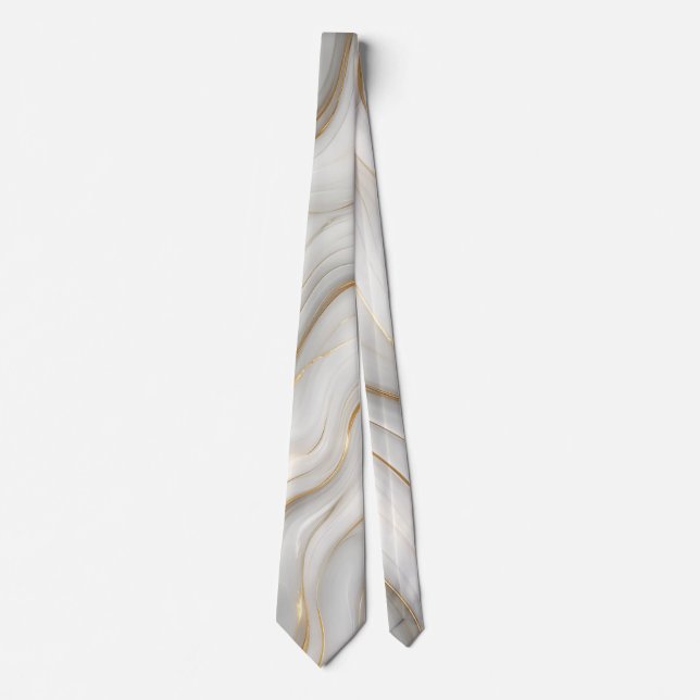 Elegant White Gray & Gold Marble Swirl Luxury Neck Tie (Front)