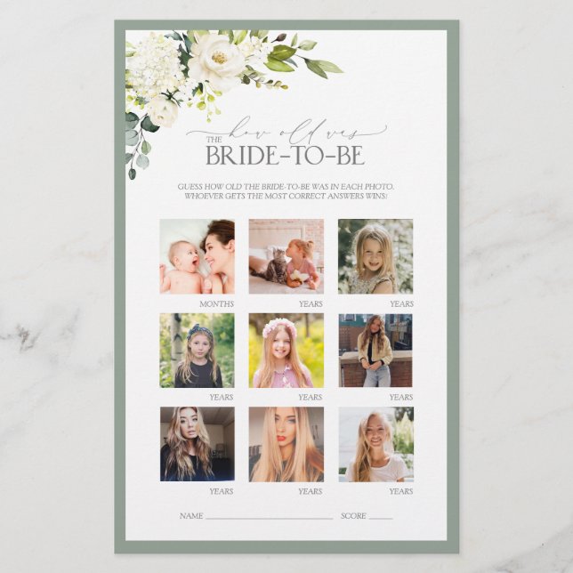 Elegant White Gray Green Bridal Shower Game (Front)