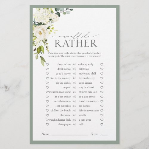 Elegant White Gray Green Bridal Shower Game