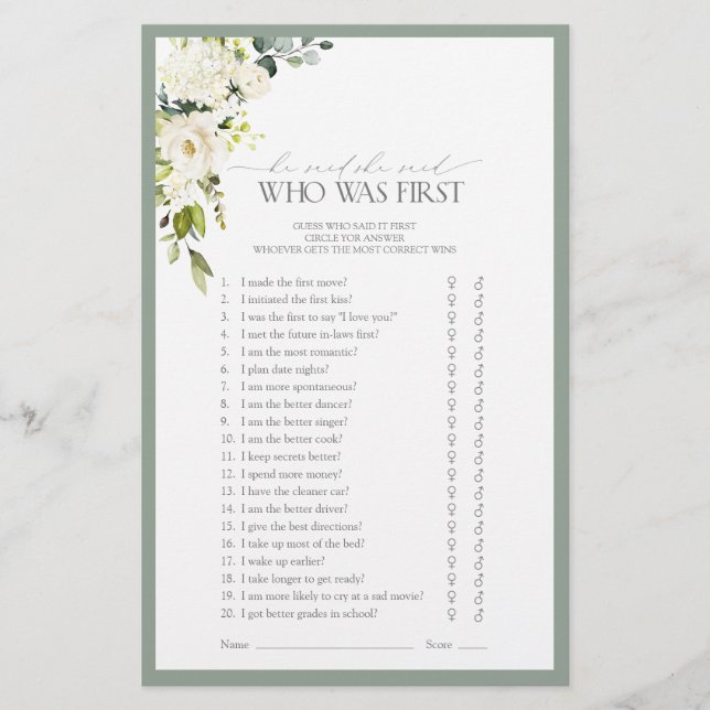 Elegant White Gray Green Bridal Shower Game (Front)