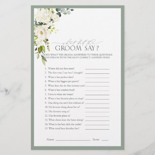 Elegant White Gray Green Bridal Shower Game