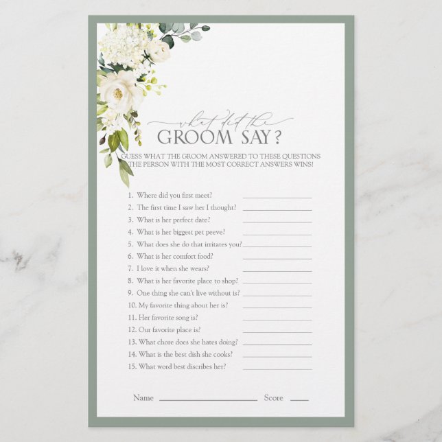 Elegant White Gray Green Bridal Shower Game (Front)