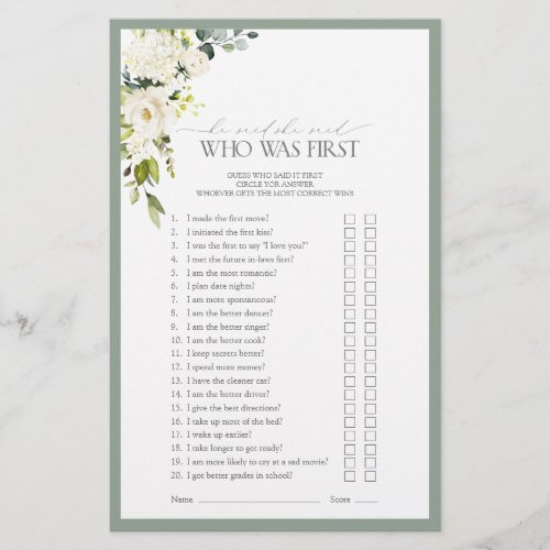 Elegant White Gray Green Bridal Shower Game boxes