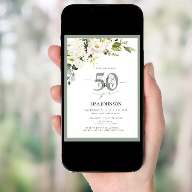 Elegant White Gray Green Floral 50th Birthday Invitation (Front Digital)