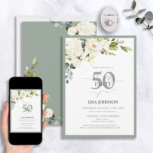 Elegant White Gray Green Floral 50th Birthday Invitation