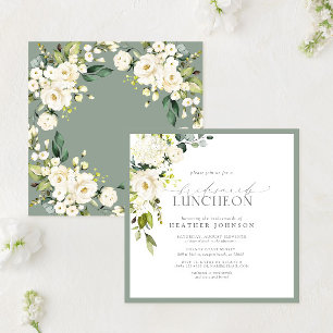 Elegant White Gray Green Floral Bridal Luncheon Invitation