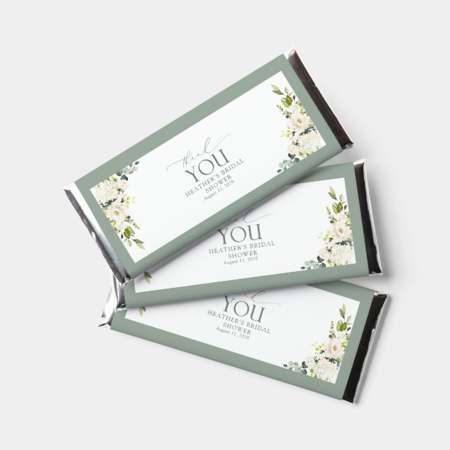 Elegant White Gray Green Floral Bridal Shower Hershey Bar Favors (Front)