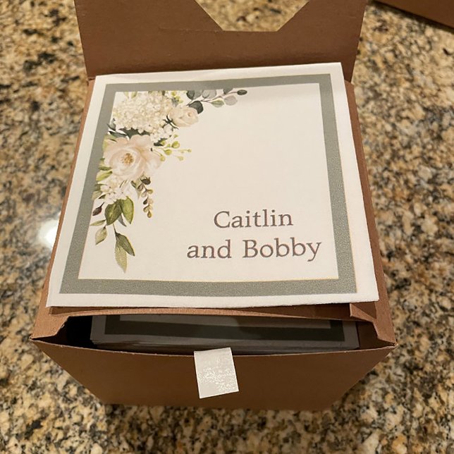 Elegant White Gray Green Floral Bridal Shower Napkins (Thank you, Denise, for sharing your photo! What a beautiful result.)