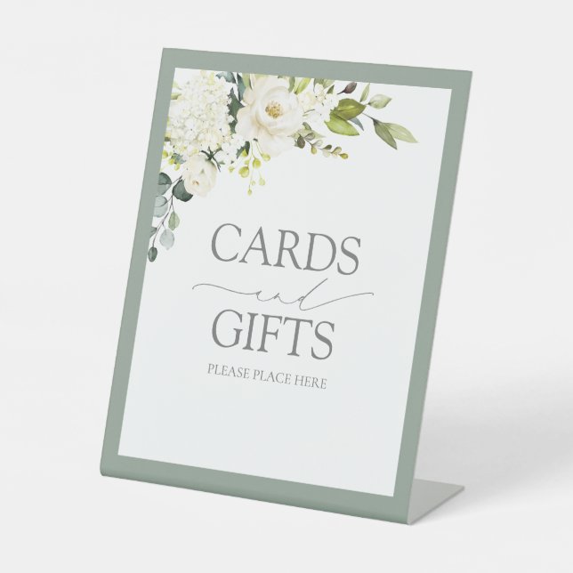 Elegant White Gray Green Floral Cards & Gifts Pedestal Sign (Front)