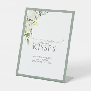 Elegant White Gray Green Floral How Many Kisses Pedestal Sign