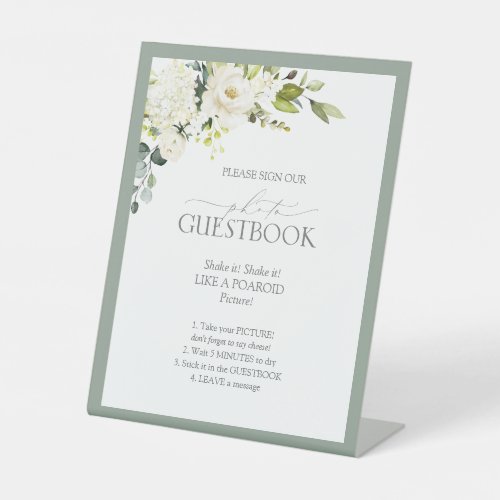 Elegant White Gray Green Floral Photo Guestbook Pe Pedestal Sign