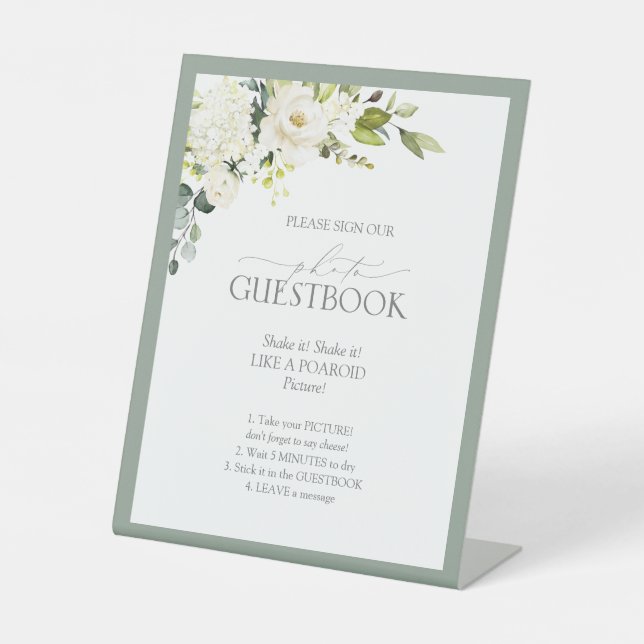 Elegant White Gray Green Floral Photo Guestbook Pe Pedestal Sign (Front)