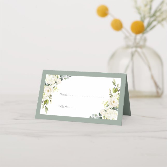 Elegant White Gray Green Floral Reception Place Card (Front)