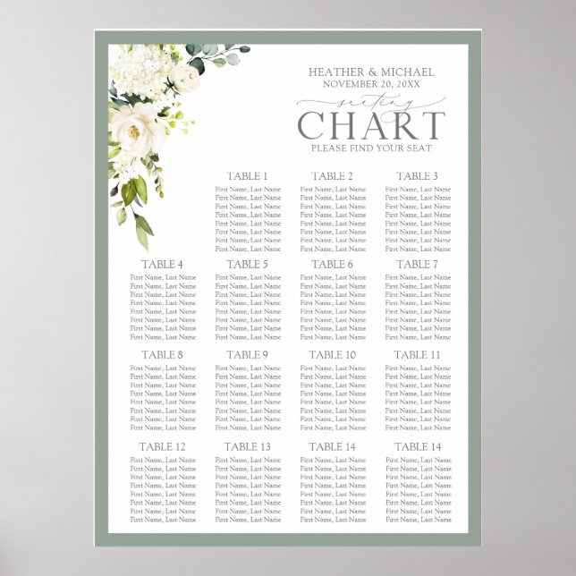 Elegant White Gray Green Floral Reception Seating Poster (Front)