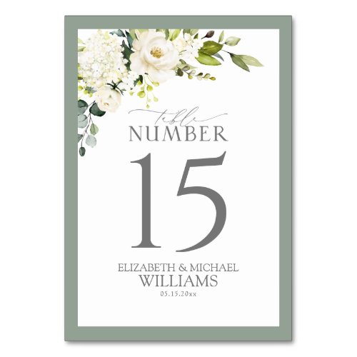 Elegant White Gray Green Floral Reception Table Number