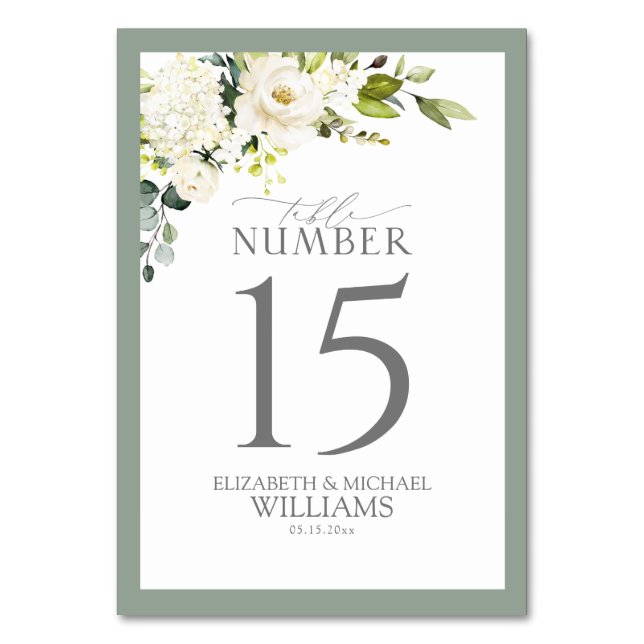 Elegant White Gray Green Floral Reception Table Number (Front)