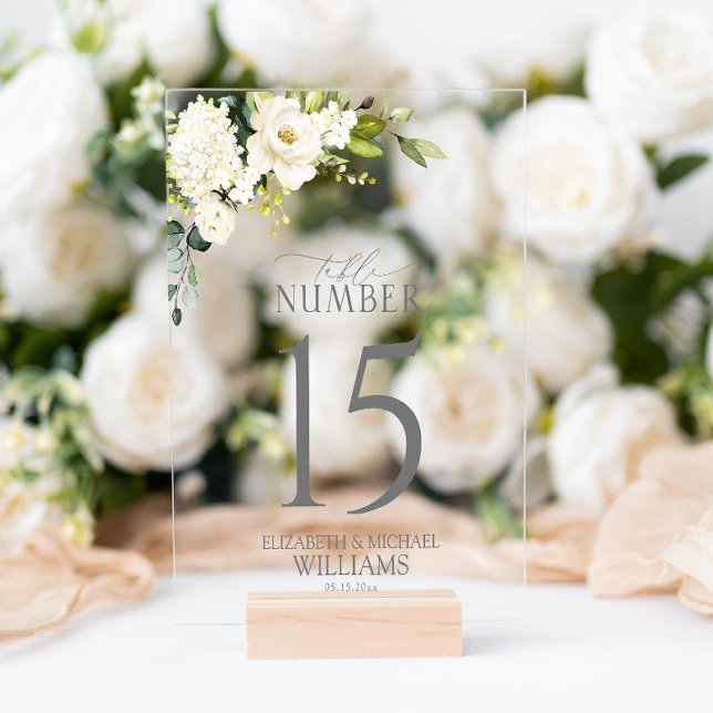 Elegant White Gray Green Floral Table Number Acrylic Sign (Wedding Table Number!
)