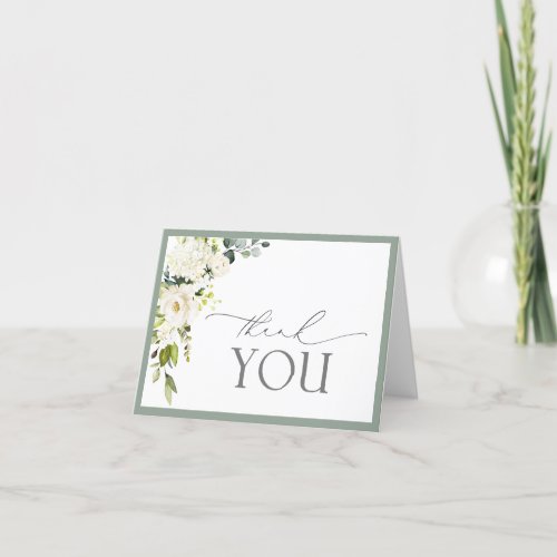 Elegant White Gray Green Floral Thank You Card