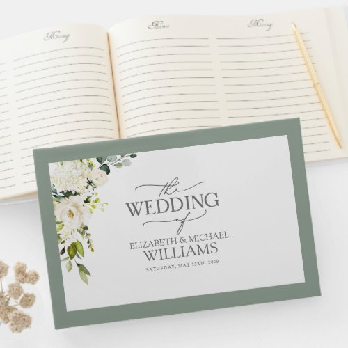Elegant White Gray Green Floral Watercolor Guest Book