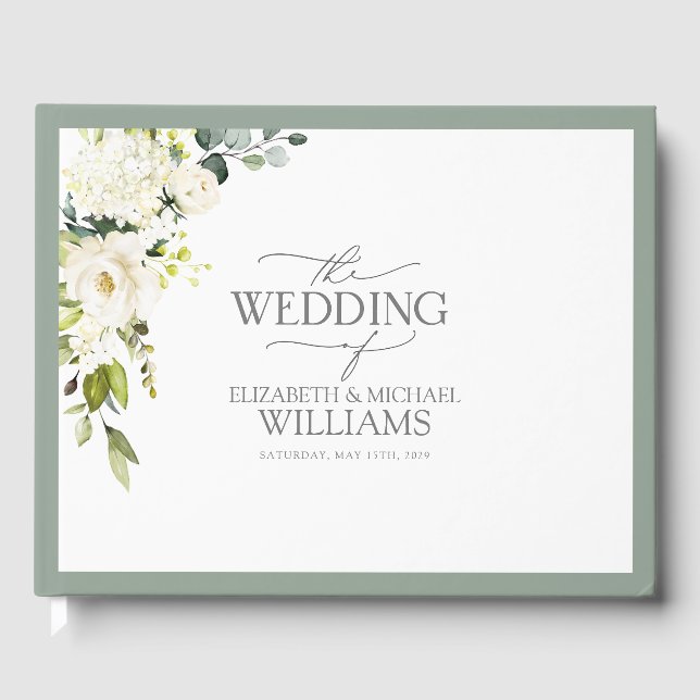 Elegant White Gray Green Floral Watercolor Guest Book (Front)