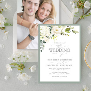 Elegant White Gray Green Floral Watercolor Photo Invitation