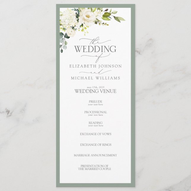 Elegant White Gray Green Floral Watercolor Program (Front)