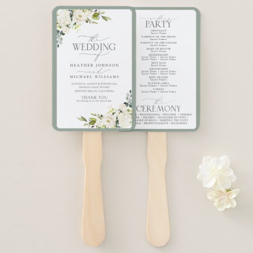 Elegant White Gray Green Floral Watercolor Program Hand Fan