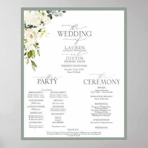 Elegant White Gray Green Floral Watercolor Program Poster