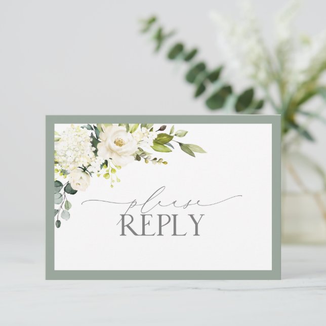 Elegant White Gray Green Floral Watercolor RSVP (Standing Front)