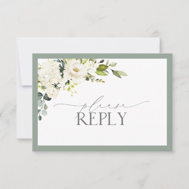 Elegant White Gray Green Floral Watercolor RSVP Card (Front)