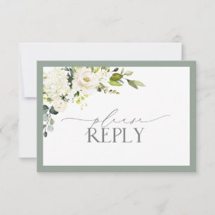 Elegant White Gray Green Floral Watercolor RSVP Card