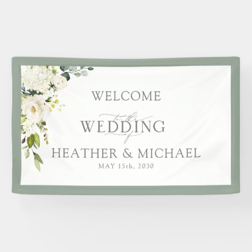 Elegant White Gray Green Floral Watercolor Script Banner