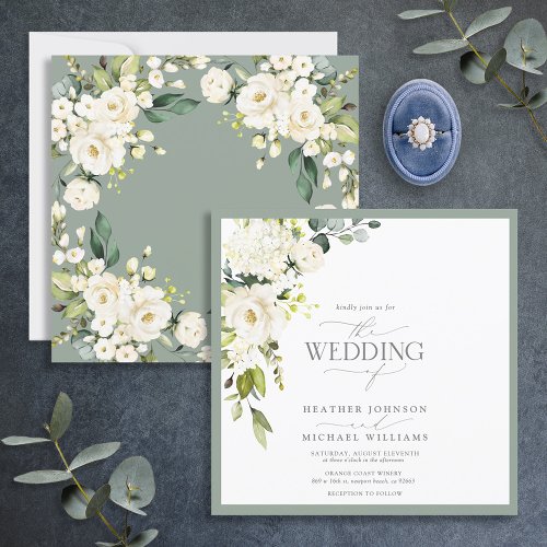 Elegant White Gray Green Floral Watercolor Script Invitation