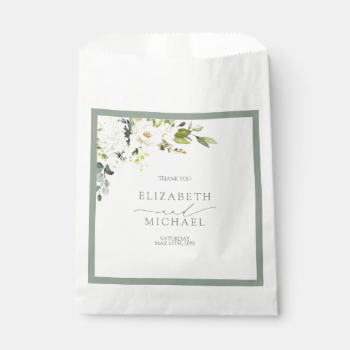 Elegant White Gray Green Floral Watercolor Wedding Favor Bag