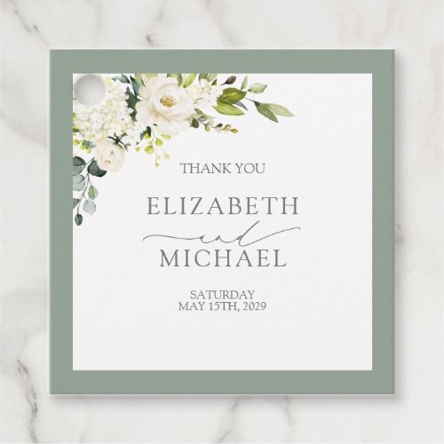Elegant White Gray Green Floral Watercolor Wedding Favor Tags
