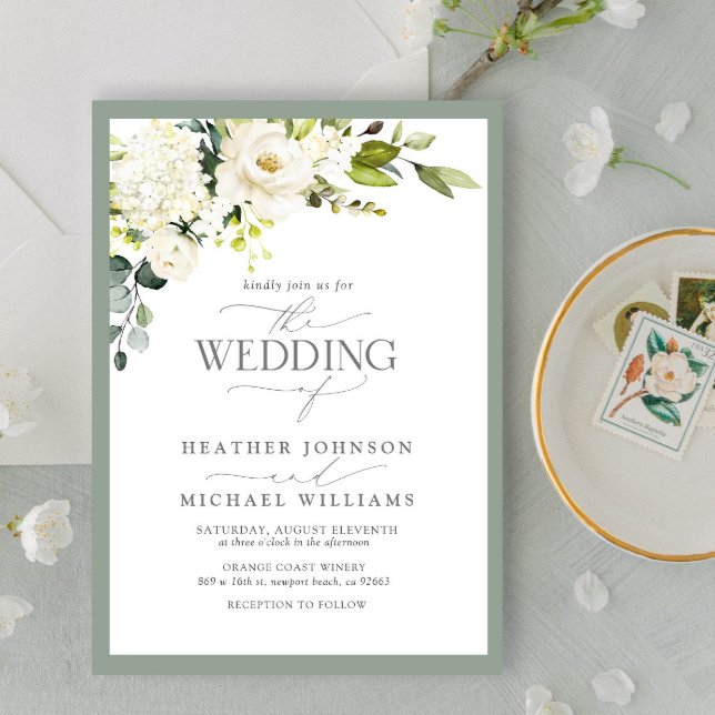 Elegant White Gray Green Floral Watercolor Wedding Invitation (Creator Uploaded)